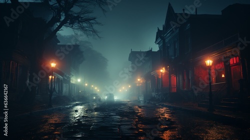 A mysterious and eerie city street enveloped in dense fog at night.