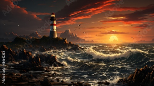 a painting of a lighthouse with water and birds.