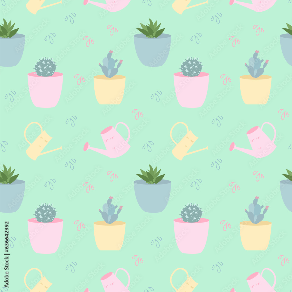 Seamless pattern. Houseplants, cacti and watering cans in trendy pastel colors. Home interior decor elements in flat style Seamless pattern. Houseplants, cacti and watering cans in trendy pastel colors. Home interior decor elements in flat style