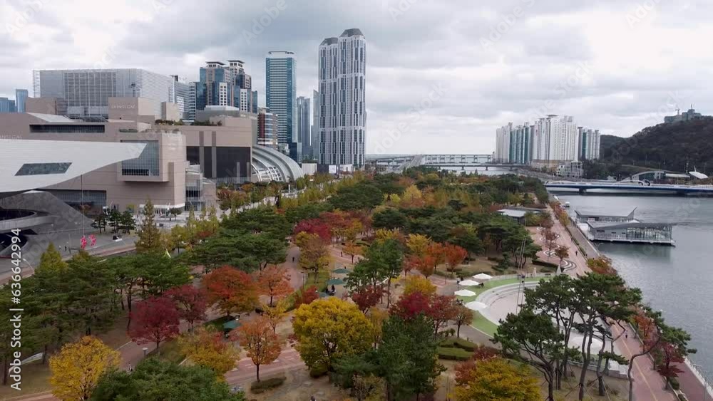 Aerial View of Autumn Naru Park, Centum City, Haeundae, Busan, South korea, Asia Aerial View of Autumn Naru Park, Centum City, Haeundae, Busan, South korea, Asia