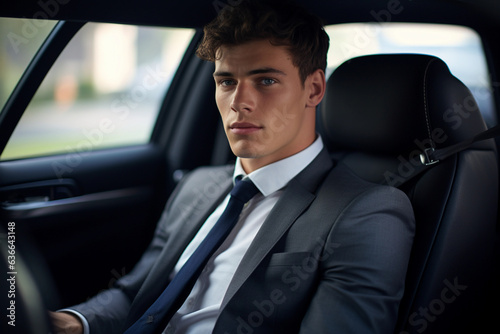 Young business man sitting in car.