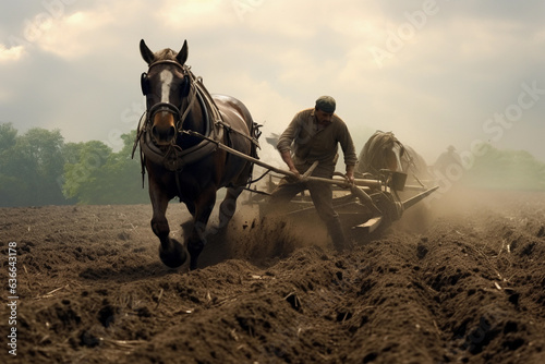 Men working on the farm with horse and plow photo