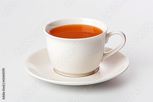 White cup with tea on white saucer.