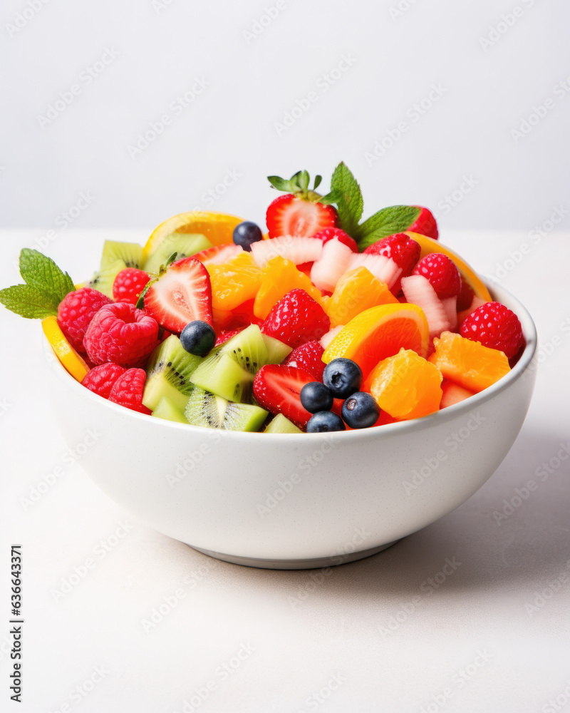 Healthy fresh fruit salad in bowl on gray concrete background. 