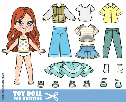 Cartoon brunette girl  and clothes separately - long sleeve, shirts, skirts, sandals, jeans and sneakers doll for dressing