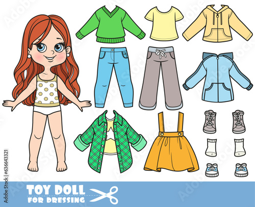 Cartoon brunette girl and clothes separately - long sleeve, shirts, skirt, sweater, jacket, boots, jeans and sneakers doll for dressing