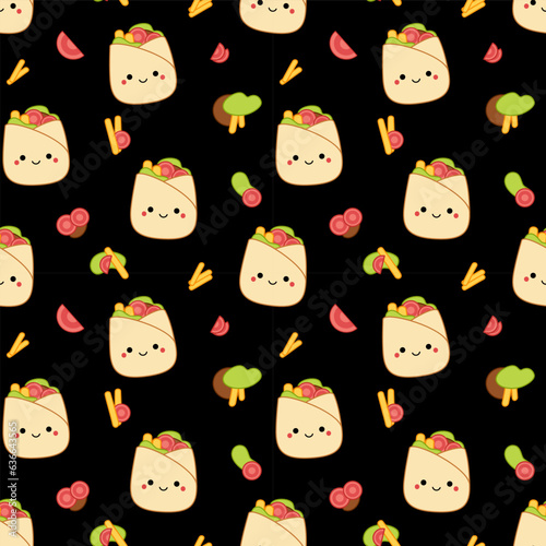 Doner kebab on black seamless background. Squishmallow. Cute doner kebab. Kawaii, Vector