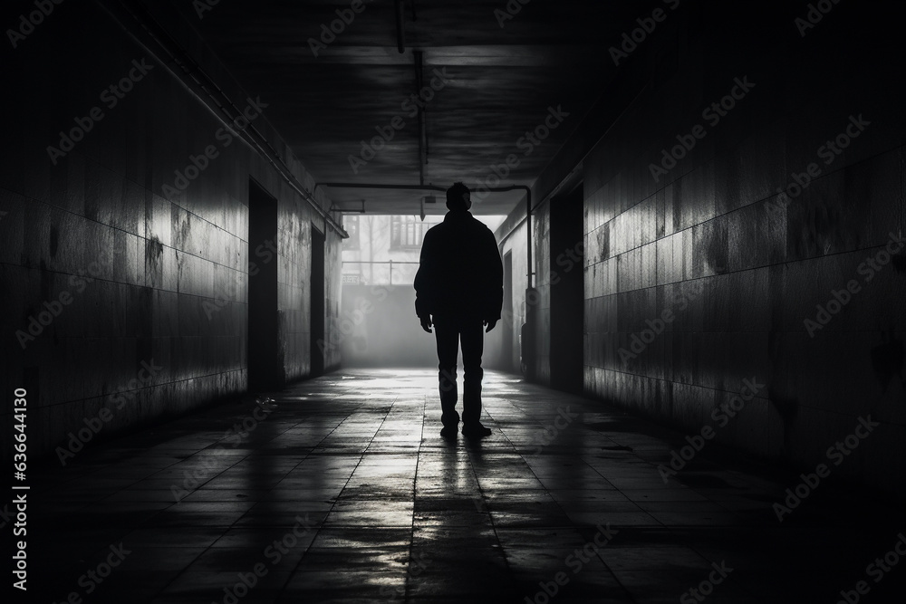 Man standing in corridor black and white.