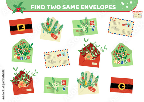Letter to Santa. Find two same pictures. Game for children. Flat, cartoon, vector