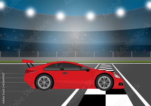 Racing Car Reach the Finish Line in Arena Racing Track. Vector Illustration. 