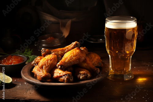 Chicken wings with beer close-up.