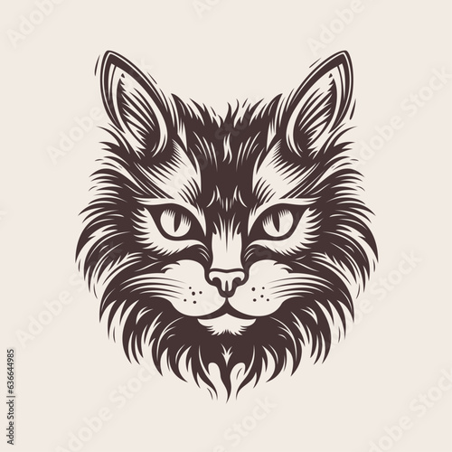 Hand drawn engraving style cat head. Gothic beast tattoo design.