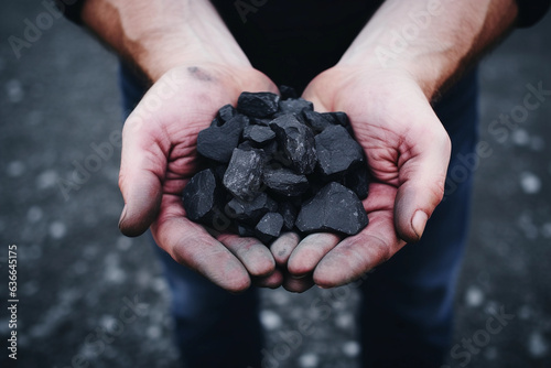 Person holding black coal in hands.