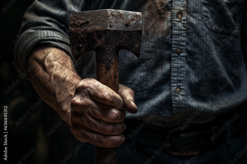 Males hand holding an axe at work.