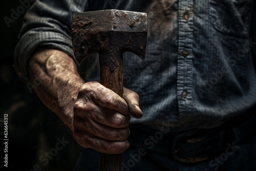 Males hand holding an axe at work.