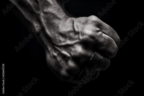 Strong man's fist in the dark close-up.
