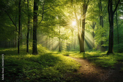 Green forest with sunlight coming through trees.