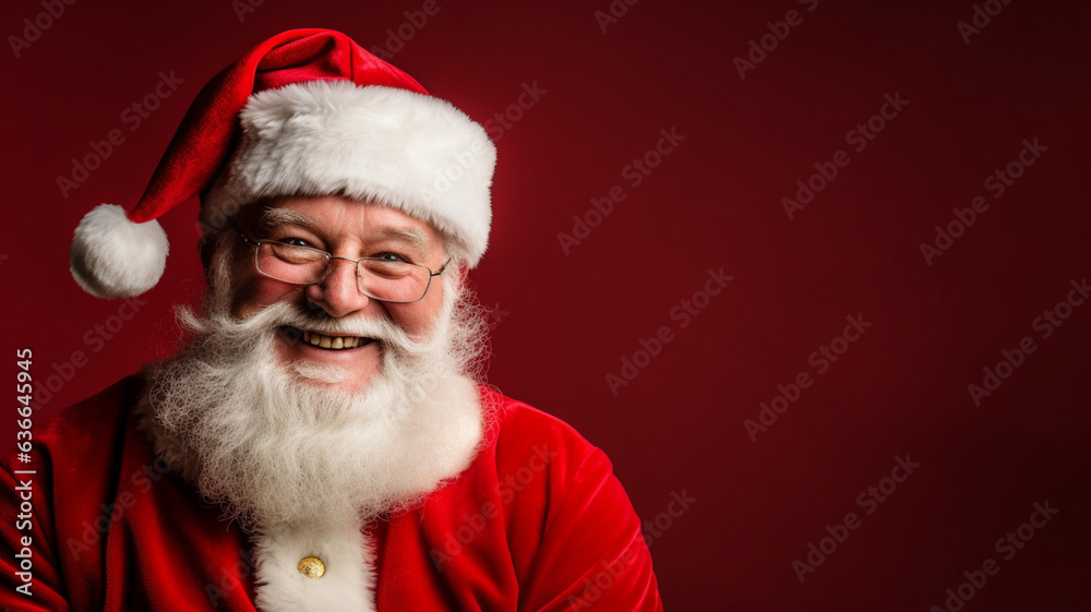 Happy Santa Claus portrait on a red background with a copy space. AI generated Happy Santa Claus portrait on a red background with a copy space. AI generated