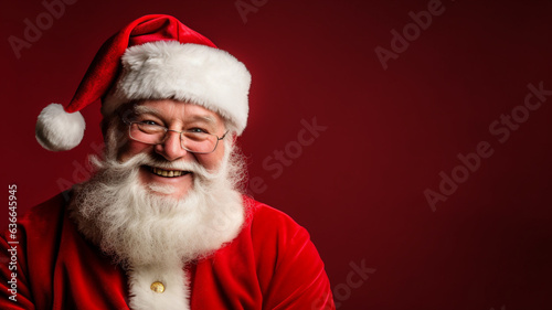 Happy Santa Claus portrait on a red background with a copy space. AI generated