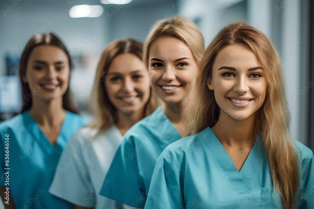 Portrait of group female nurses standing together in hospital. A group of dedicated female nurses standing united in a hospital setting, reflecting their teamwork, resilience, and commitment to care Portrait of group female nurses standing together in hospital. A group of dedicated female nurses standing united in a hospital setting, reflecting their teamwork, resilience, and commitment to care