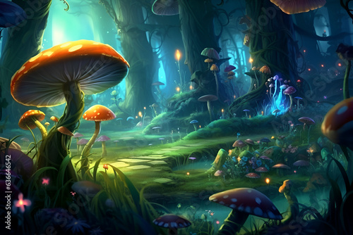 Magic dark fairy tale forest at night with glowing lights and magic mushrooms. Fantasy wonderland landscape with mushrooms. Illustration. Generative AI