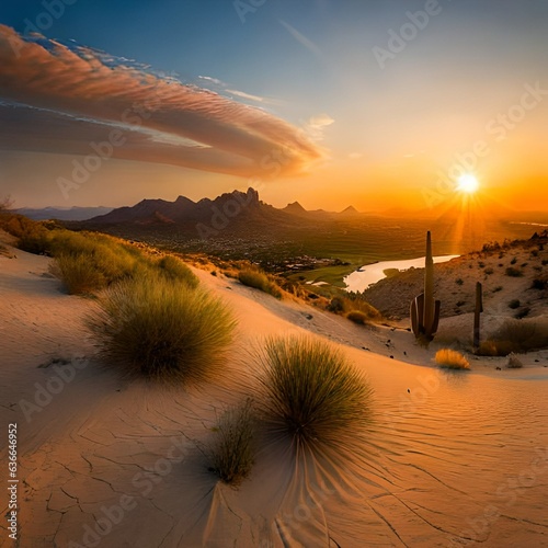 Panorama of The McDowell Sonoran Preserve overlooking Scottsdale, AZ during beautiful sunset.AI generated
