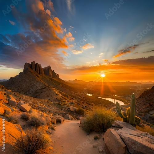 Panorama of The McDowell Sonoran Preserve overlooking Scottsdale, AZ during beautiful sunset.AI generated photo