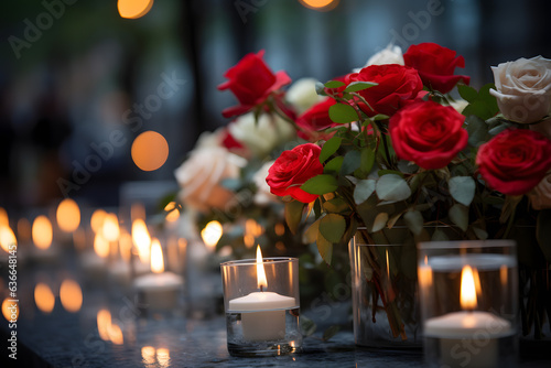 A candlelit memorial with flowers honoring the lives photo