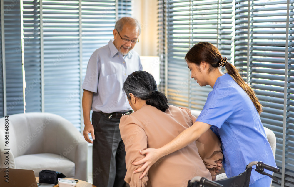 Portrait of smiling caring asian nurse service help support discussing and consulting taking care with senior elderly asian man and woman couple at home visit.senior retirement home care concept Portrait of smiling caring asian nurse service help support discussing and consulting taking care with senior elderly asian man and woman couple at home visit.senior retirement home care concept