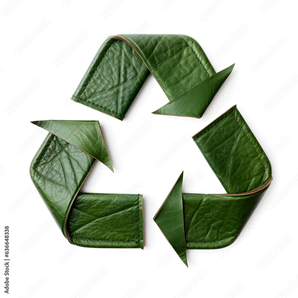 Waste recycling symbol made of green leather on a white background. Waste recycling symbol made of green leather on a white background.