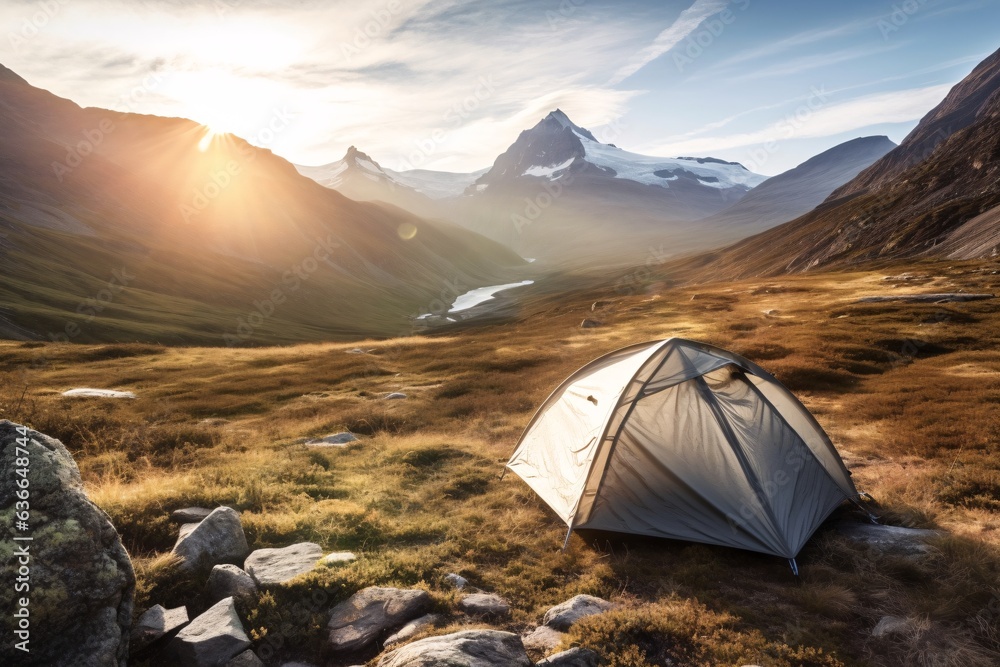 Camping tent. Camping equipment on the background of the mountain lake. Tourist equipment on the background of the mountains. Camping in the mountains. 
