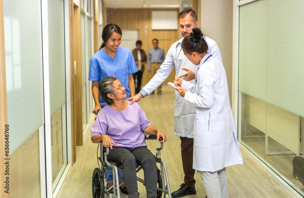 Obraz premium Man doctor with stethoscope service help support discussing and consulting care talk to sick senior asian woman patient in hospital,caregiver,elderly,recovery,illness insurance.healthcare and medicine