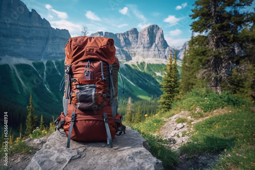 Hiking equipment in the mountains. Backpack. Hiking backpack on the shore of a mountain lake. Lifestyle concept. Hiking backpack on top of a mountain with a lake in the background.