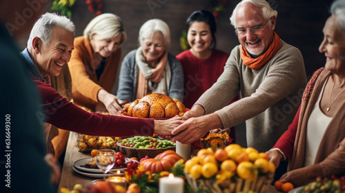 Group of Seniors Holding Hands in Gratitude around a Festively Decorated Table, happy seniors celebrating Thanksgiving, wide banner with copy space area Generative AI