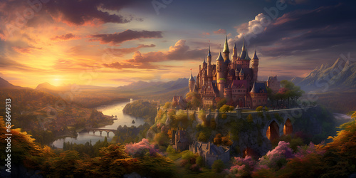 Landscape of the lord of the elves with castle and palace. place where mythological beings live, A fantasy kingdom with towering castles and sprawling cities Fantasy concept generative AI © Chanda