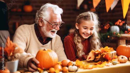 Grandparents and Grandchildren Participating in a Thanksgiving Craft Activity  happy seniors celebrating Thanksgiving  wide banner with copy space area Generative AI