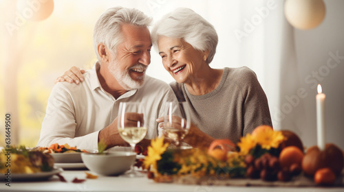 Elderly Couple Sharing a Thanksgiving Feast with Joyful Smiles  happy seniors celebrating Thanksgiving  wide banner with copy space area Generative AI
