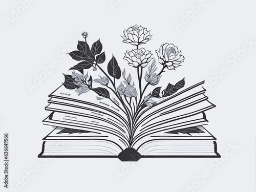 Grow your mind reed a books, black and white open book with flowers, floral vector illustration, Generative AI