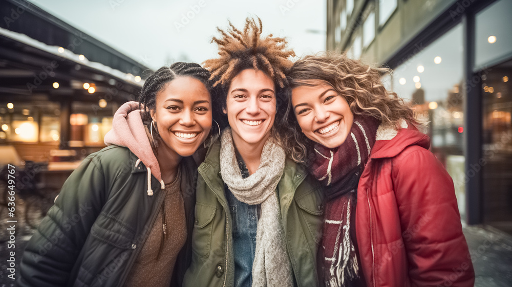 Group of cheerful, multiracial young friends taking selfie portrait. Happy people looking at the camera smiling. Concept of community, youth lifestyle.
