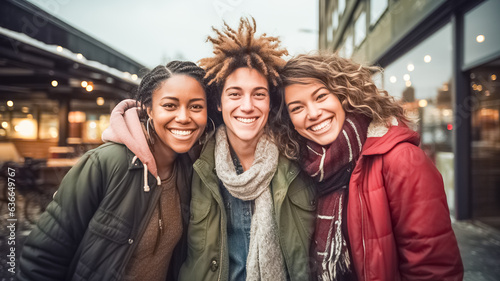 Group of cheerful, multiracial young friends taking selfie portrait. Happy people looking at the camera smiling. Concept of community, youth lifestyle. 
