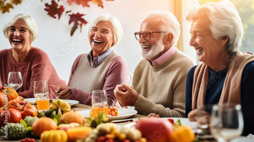 Group of Seniors Engaging in a Game of Thanksgiving Bingo  Smiles All Around  happy seniors celebrating Thanksgiving  wide banner with copy space area Generative AI