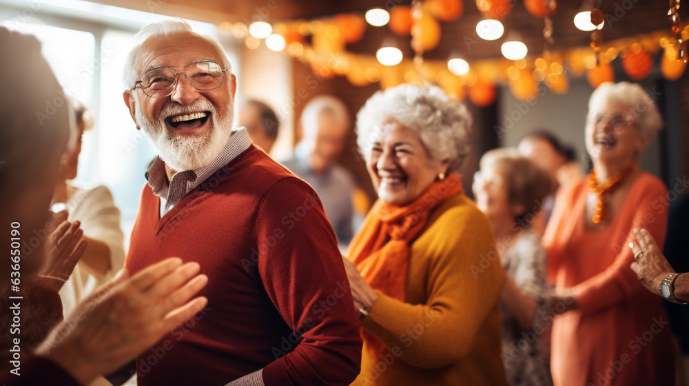 Senior Group Hosting a Thanksgiving Dance Party, Enjoying the Festive Atmosphere, happy seniors celebrating Thanksgiving, wide banner with copy space area Generative AI