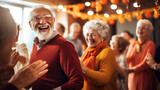 Senior Group Hosting a Thanksgiving Dance Party, Enjoying the Festive Atmosphere, happy seniors celebrating Thanksgiving, wide banner with copy space area Generative AI