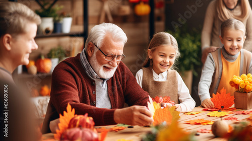Senior Woman and Man Teaching Thanksgiving Crafts to Grandchildren  happy seniors celebrating Thanksgiving  wide banner with copy space area Generative AI