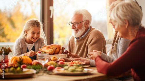 Senior Woman and Man Teaching Thanksgiving Crafts to Grandchildren  happy seniors celebrating Thanksgiving  wide banner with copy space area Generative AI