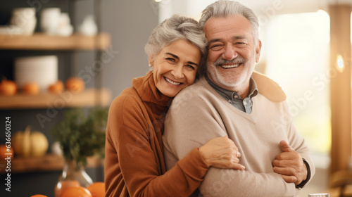 Senior Couple Sharing a Warm Hug and Smiles, Embracing the Spirit of Thanksgiving, happy seniors celebrating Thanksgiving, wide banner with copy space area Generative AI