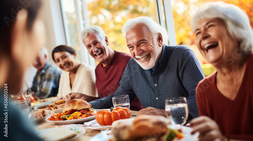 Seniors Engaging in a Thanksgiving Puzzle Challenge, Concentration and Laughter, happy seniors celebrating Thanksgiving, wide banner with copy space area Generative AI