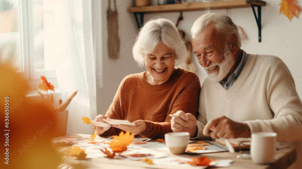 Senior Woman and Man Engaged in a Thanksgiving Card-Making Activity, Expressing Creativity, happy seniors celebrating Thanksgiving, wide banner with copy space area Generative AI Senior Woman and Man Engaged in a Thanksgiving Card-Making Activity, Expressing Creativity, happy seniors celebrating Thanksgiving, wide banner with copy space area Generative AI
