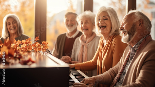 Senior Friends Gathering Around a Piano, Singing Thanksgiving Songs with Heartfelt Joy, happy seniors celebrating Thanksgiving, wide banner with copy space area Generative AI