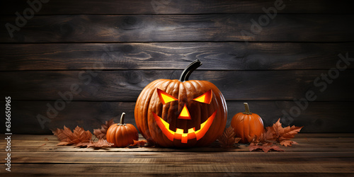 Halloween pumpkin head jack lantern with smoke on dark wooden background, halloween pumpkin on a wooden table, Scary Halloween pumpkin in a dark black background generative AI